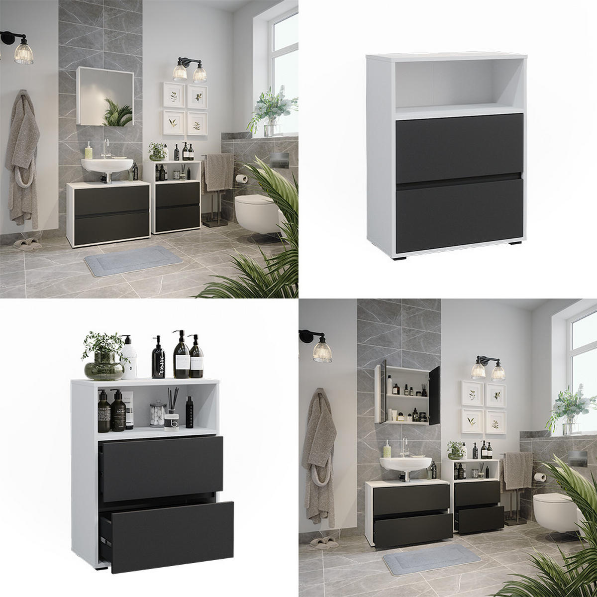BADSCHRANK Maltin Weiß 60.2 x 78 cm mit zwei großen Schublade - Anthrazit/Weiß, Holzwerkstoff (60.2/78/30.1cm) - Vicco