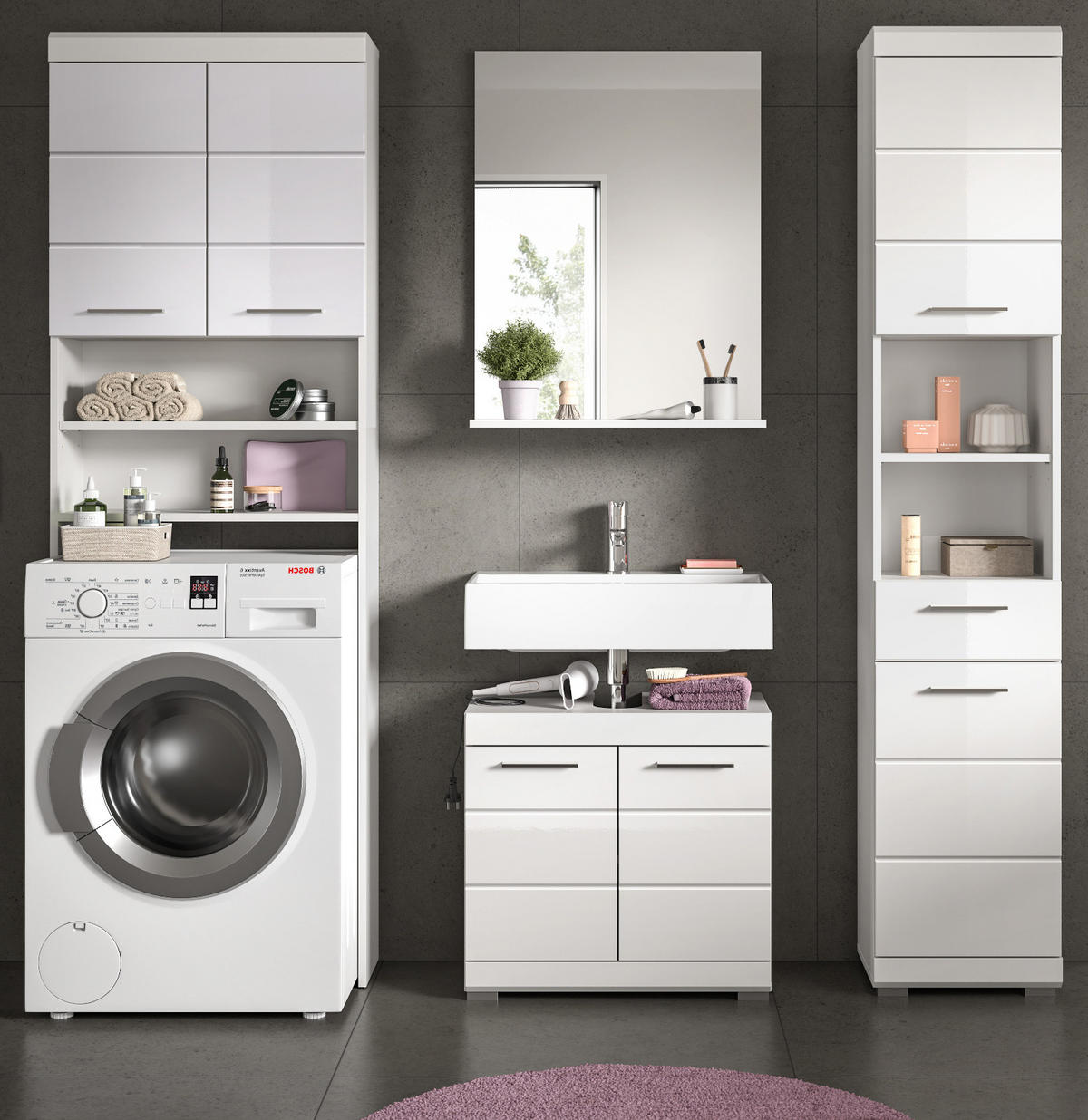 BADMÖBEL-SET weiß Hochglanz 4-teilig 190 cm, Komplettset mit viel Stauraum - Weiß Hochglanz, Glas/Holzwerkstoff (190/191/34cm) - Inn.Furn