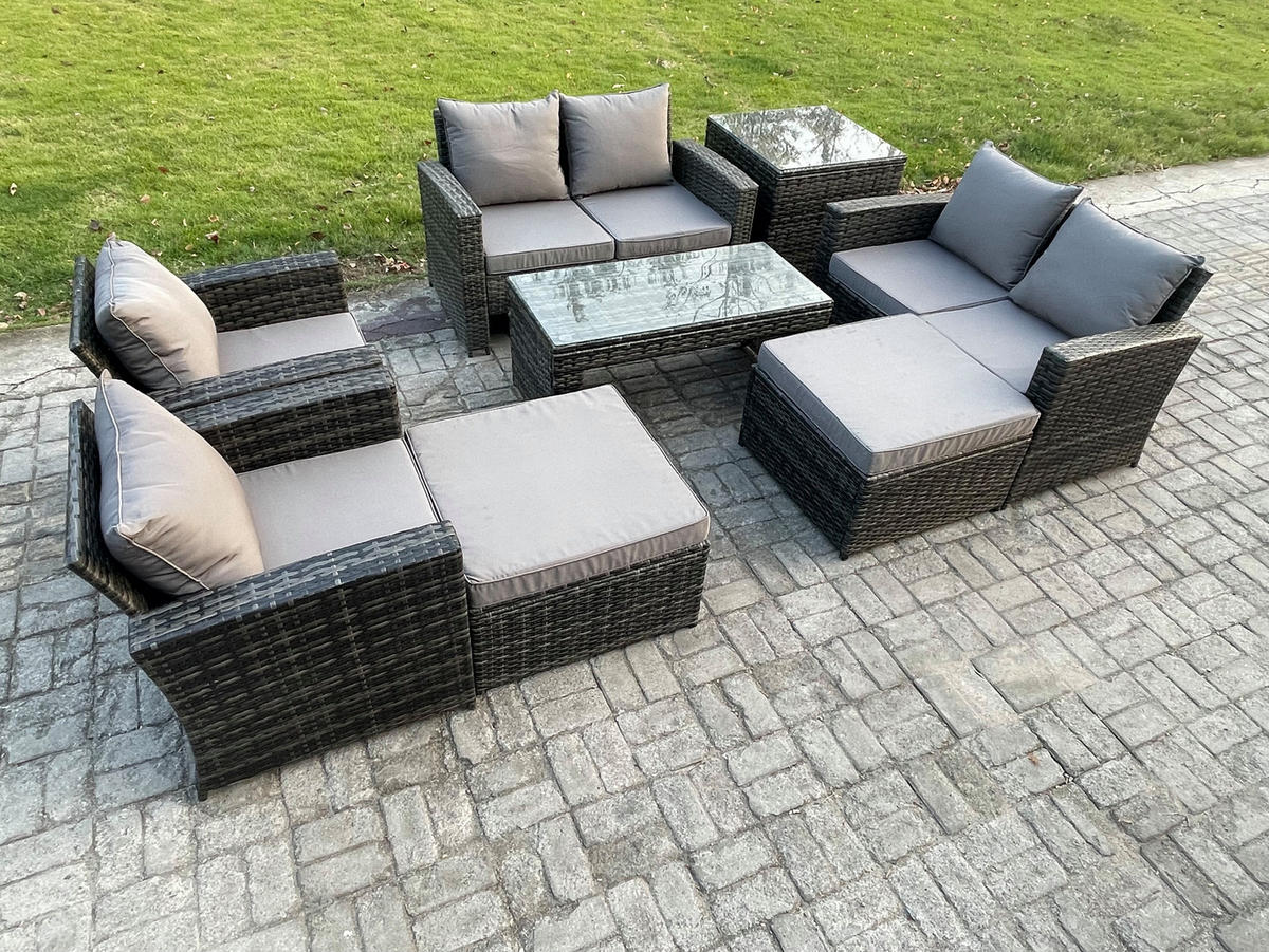 GARTENSOFA SET mit Couchtisch Polyrattan Dunkelgrau 8-Sitzer - Dunkelgrau, Metall - Fimous