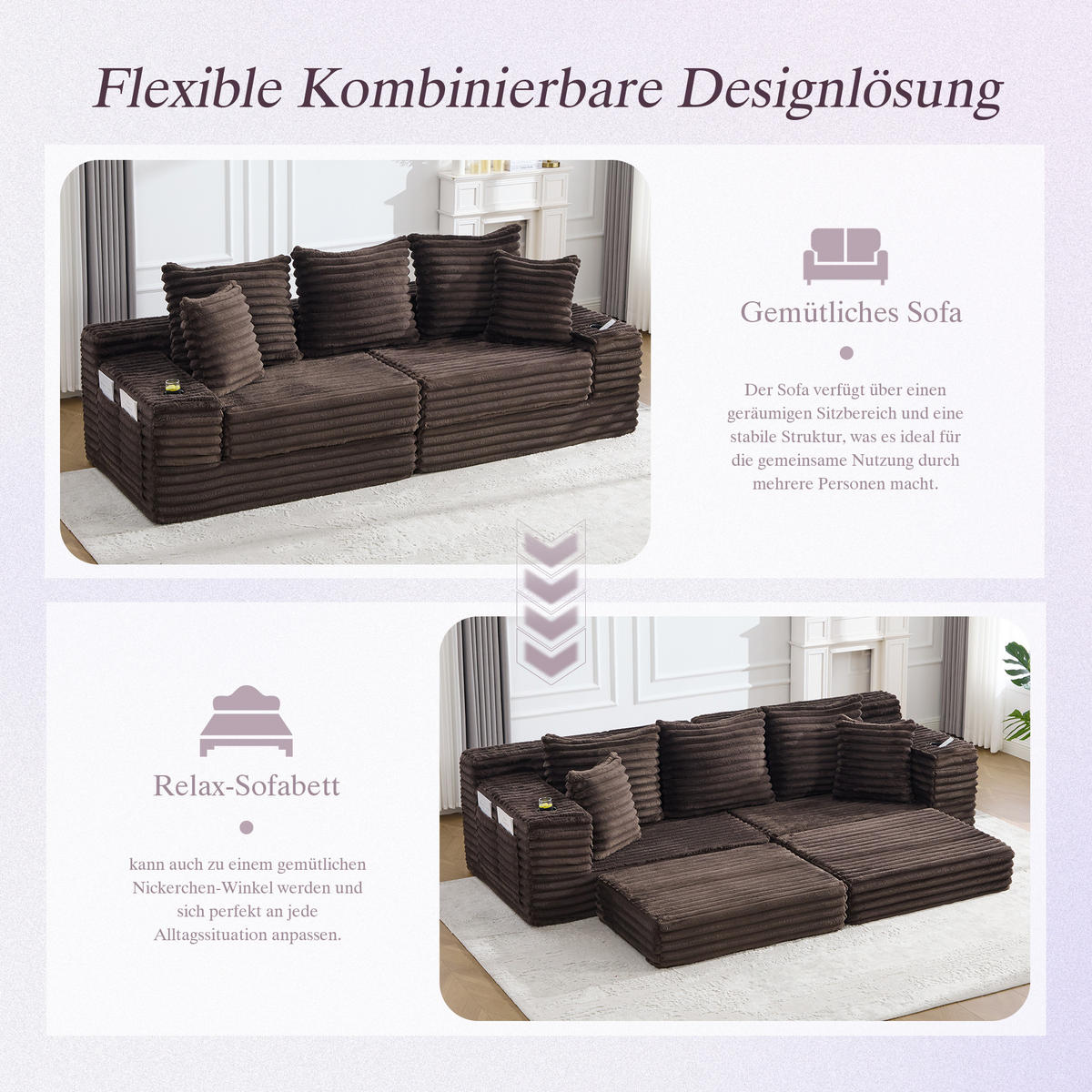 SCHLAFSOFA aus Cord mit Getränkehaltern und Kissen, Kaffeebraun - Mokka, Textil (107.48/34.25/38.58cm)