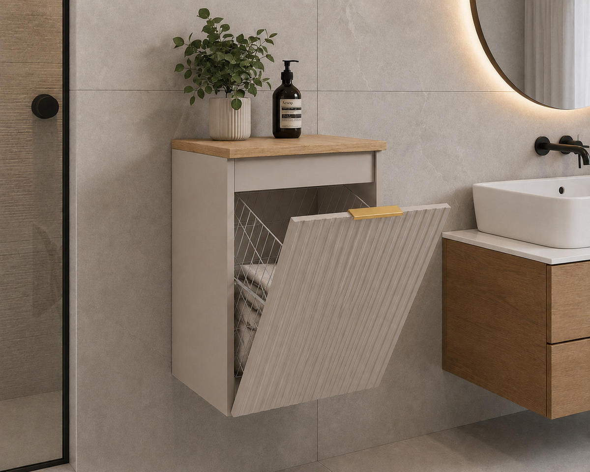 BADEZIMMERSCHRANK MIT WÄSCHEKORB: Kaschmir / Platte Helle Eiche, Griff Gold, 40 x 46 x 58,6 cm - Kaschmir/Eichefarben, Holzwerkstoff (40/58.6/46cm) - 3XE LIVING
