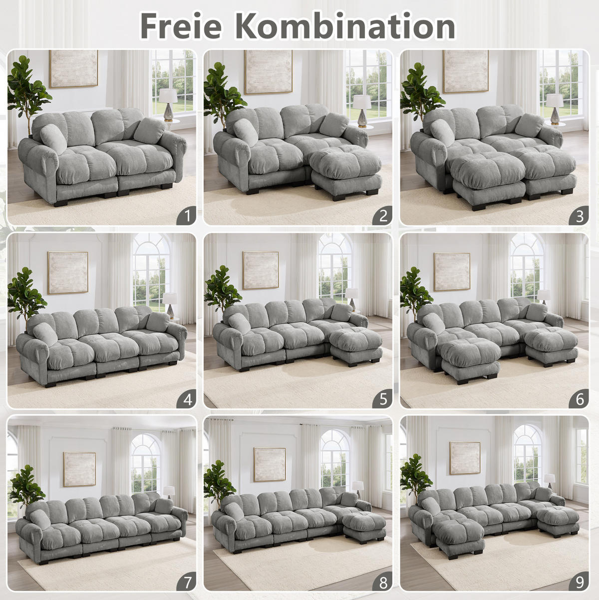 SOFA 190/149/90 cm in Hellgrau aus Chenille mit flexibler Kombination - Hellgrau, Textil (149/90/190cm) - Flora Grace