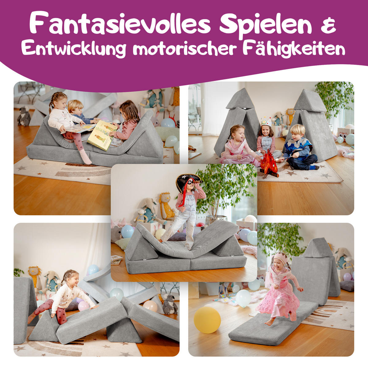 KINDERSOFA Spielparadies - Grau, Textil (66/52/150cm) - Linodino