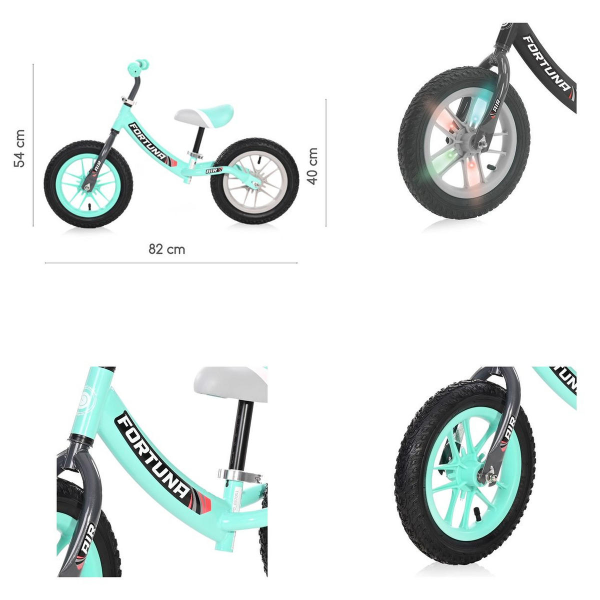 LAUFRAD Fortuna 12 Zoll türkis leuchtende Felgen, Lenker verstellbar - Türkis, Metall (82/40/54cm) - Lorelli