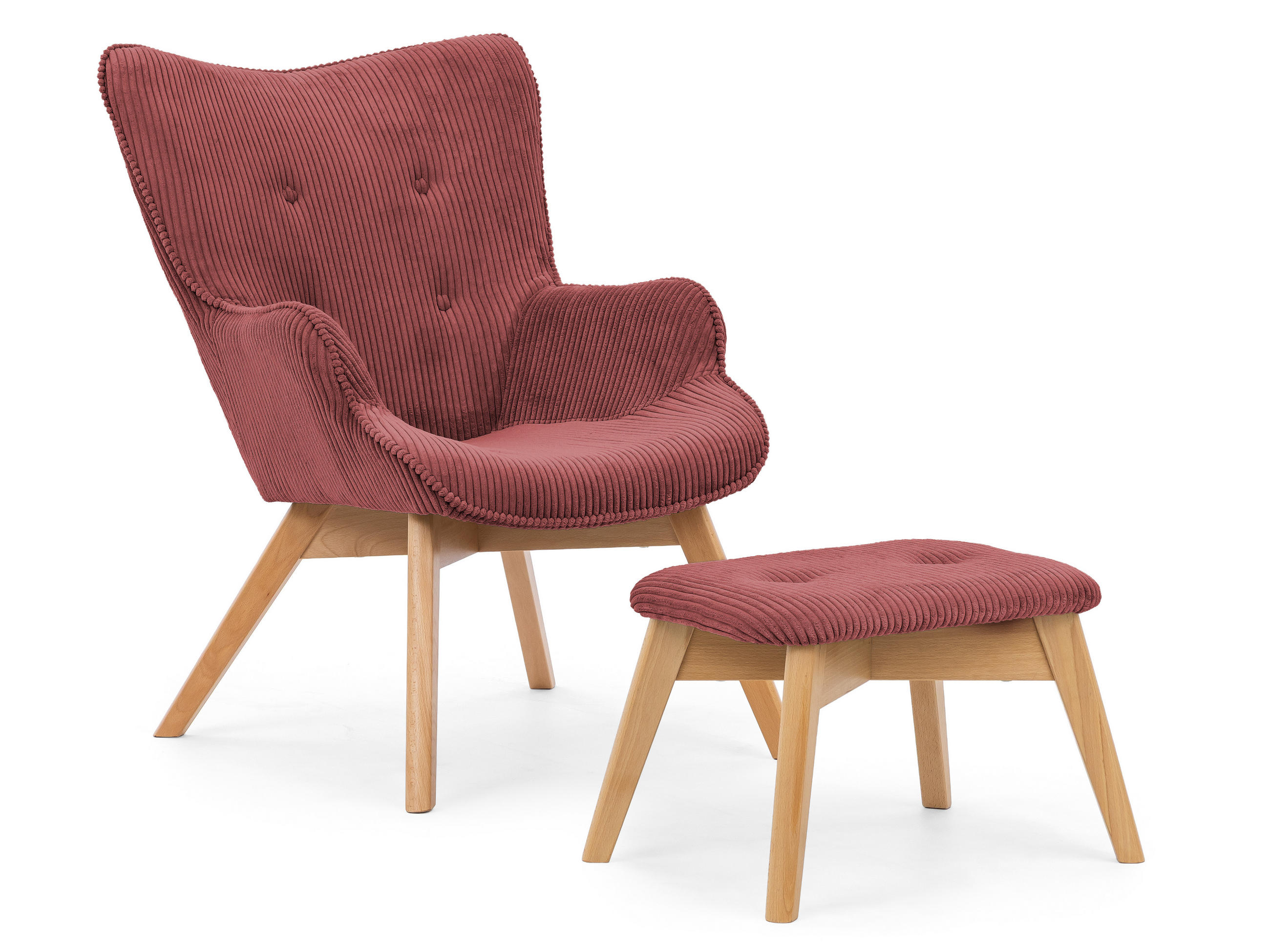 LOUNGESESSEL mit Fußhocker Lenari Terrakotta Cordstoff mit Füßen in Natur - Terra cotta/Naturfarben, Holz/Textil (71/96/86cm) - S-Style Möbel