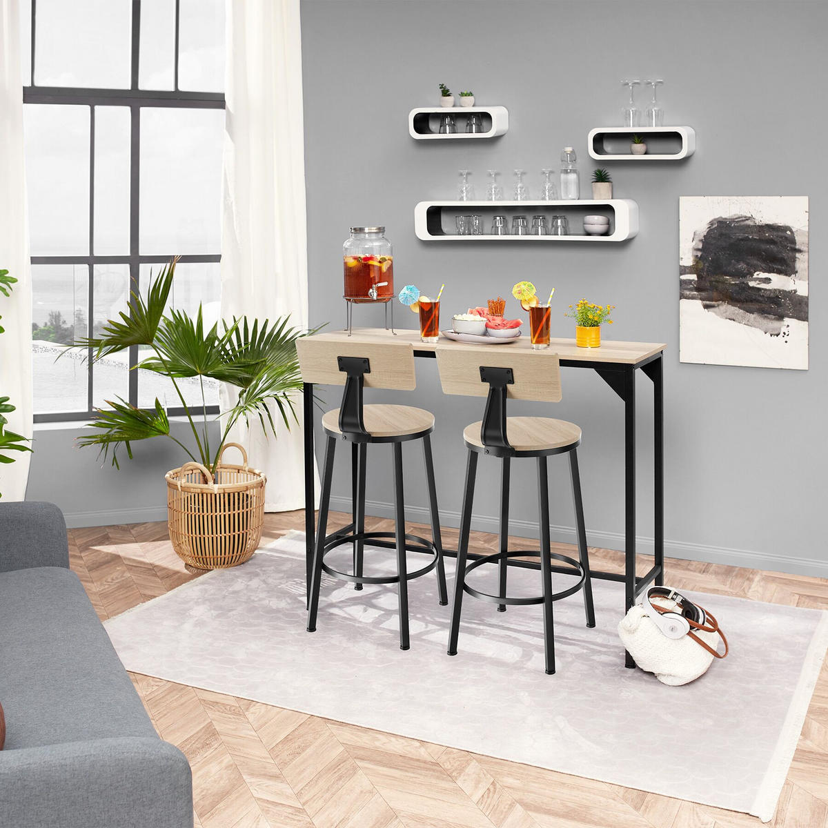 BARHOCKER 2er Set Poole,Sitzhöhe 74 cm,Industrial Holz hell - Naturfarben, Holzwerkstoff (46.5/104/46.5cm) - tectake