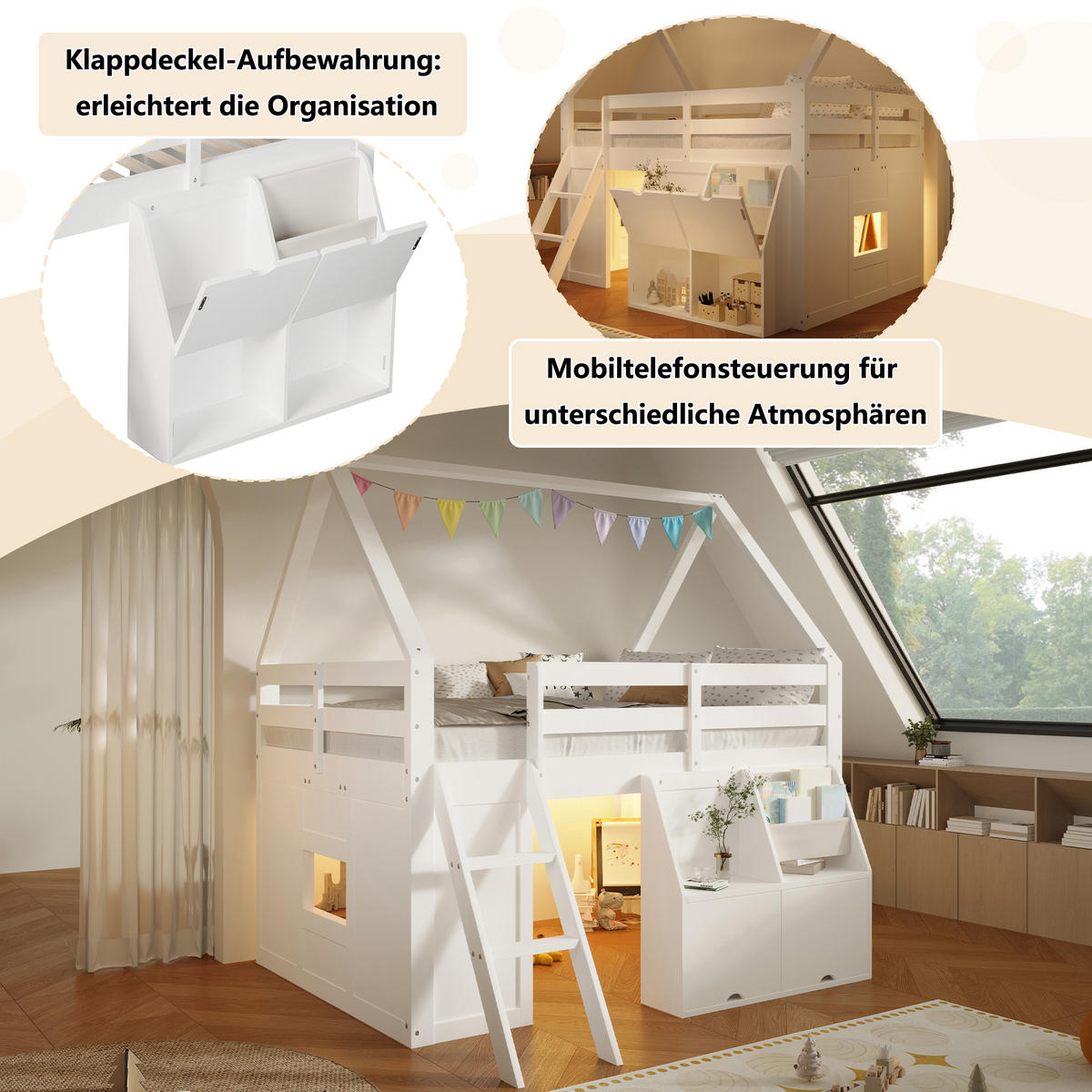 HOCHBETT 140/200 cm in Weiß mit Treppe, LED und Aufbewahrungsboxen im Hausdesign - Weiß, Holzwerkstoff (140/200cm) - STILVORA