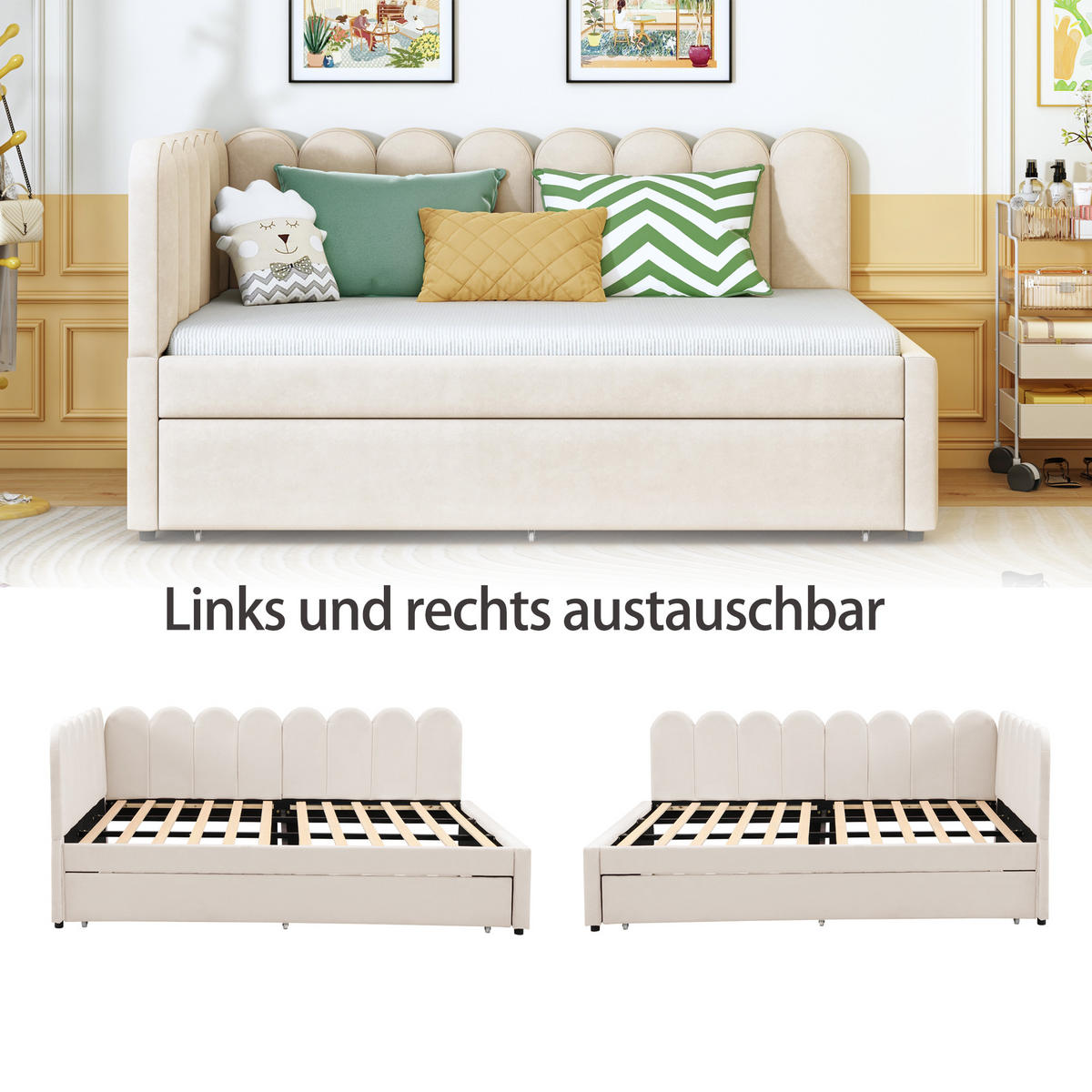 SCHLAFSOFA 140/200 cm in Beige Samt mit Ausziehbett - Beige, Holzwerkstoff/Textil (140/200cm) - WISHDOR