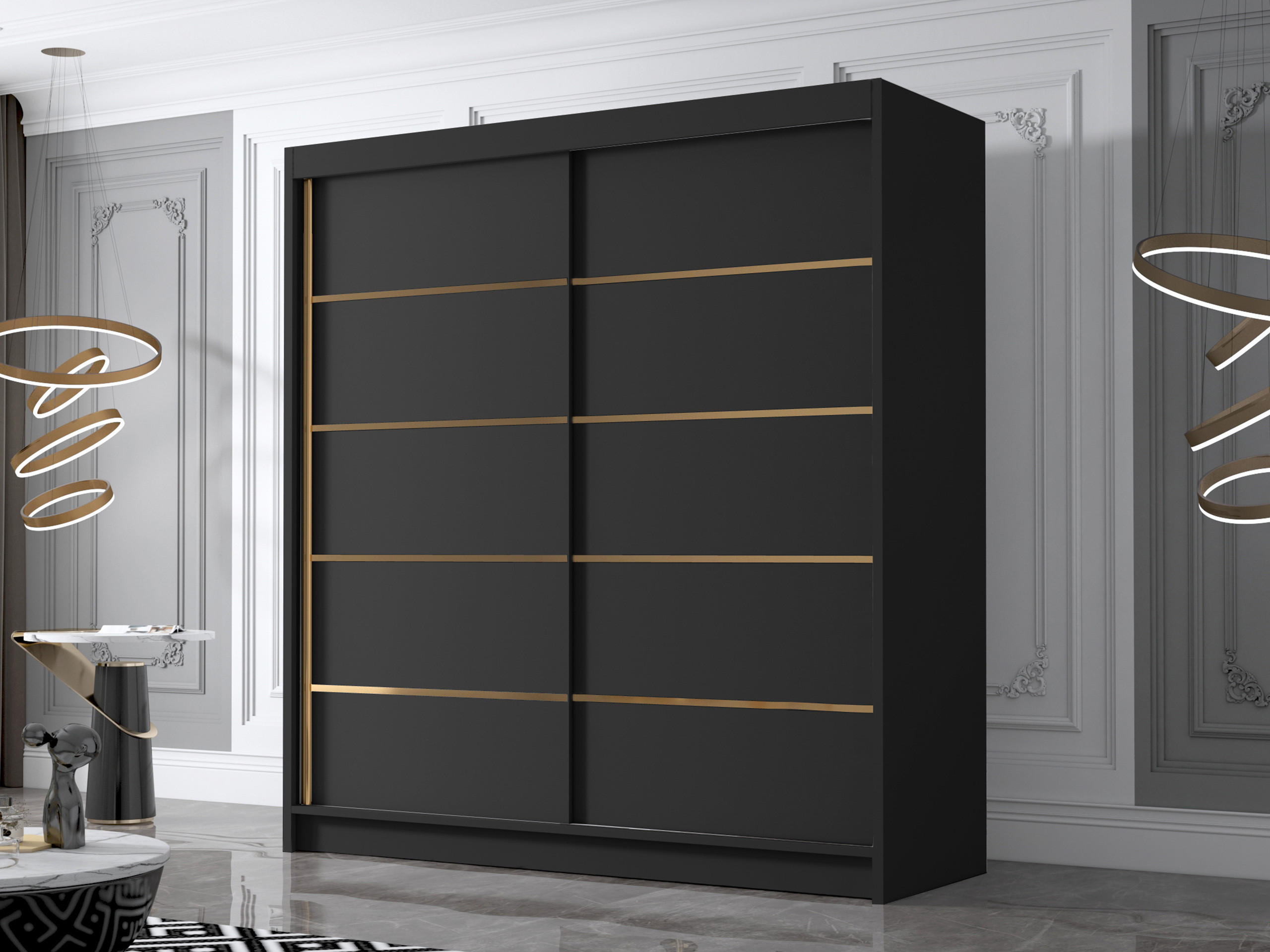 SCHIEBETÜRENSCHRANK Bali IV - Goldfarben/Schwarz, Holzwerkstoff/Metall (180/215/58cm) - MIRJAN24