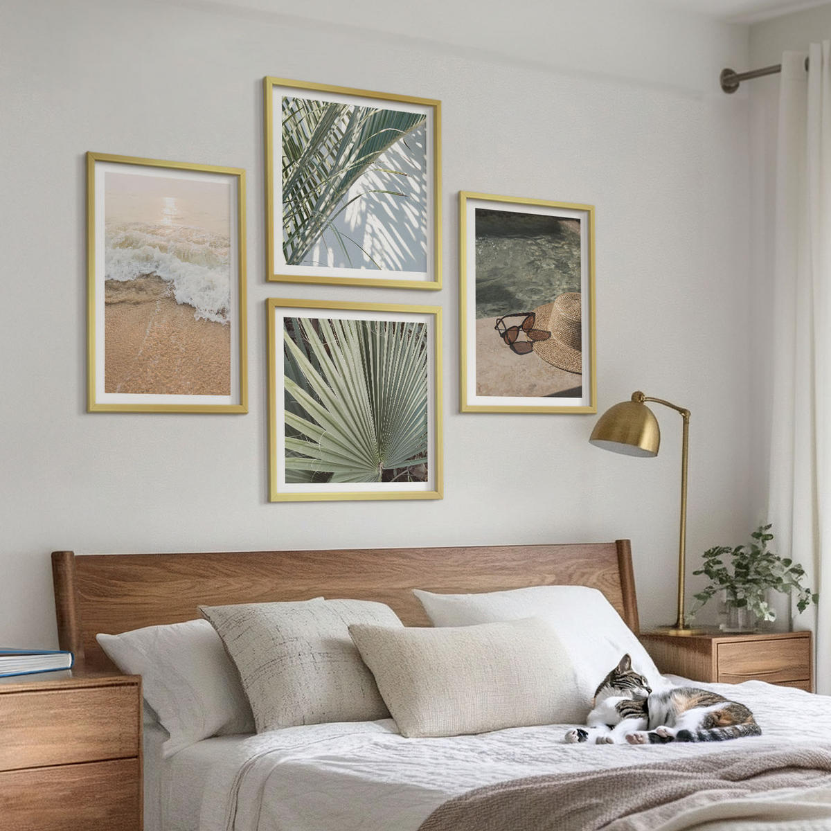 WANDBILDER 4er Set - 50x50 cm & 40x60 cm Goldrahmen - Strandhut und Sonnenbrille - Goldfarben, Kunststoff (50/50cm) - ArtPrintCave