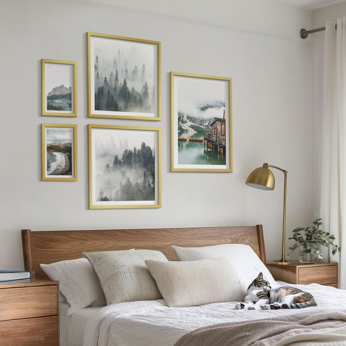 BILDER SET 5er Set - 50x50 cm & 20x30 cm & 40x60 cm Goldrahmen - Holzhausboot an Bergstränden - Goldfarben, Kunststoff (40/60cm) - TULUP