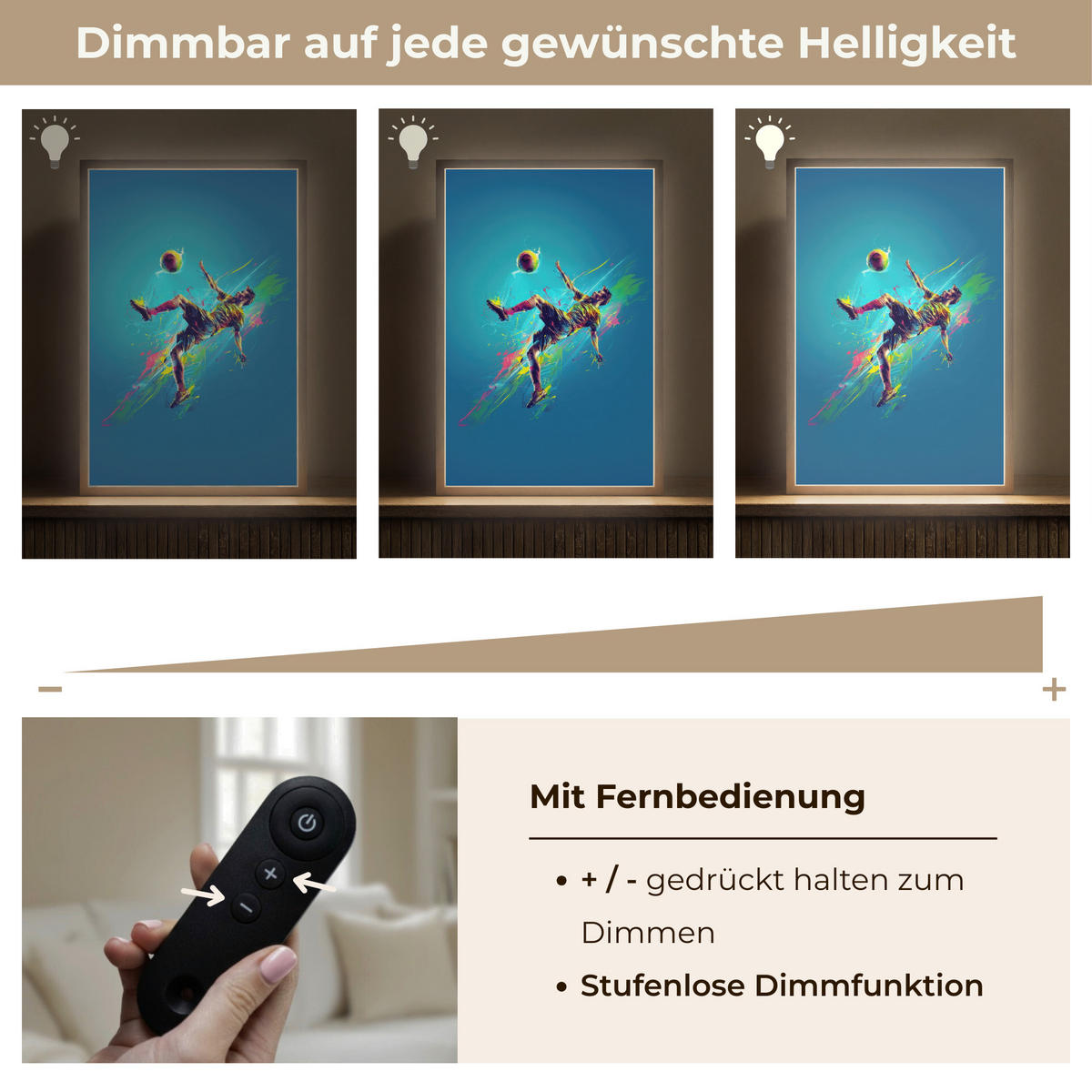 NÁSTĚNNÁ LAMPA S AKUMULÁTOREM Fotbalista - Stříkající barva - Barevné - Míč 40x60 cm - modrá, kompozitní dřevo (40/60/8cm) - OnlyWow
