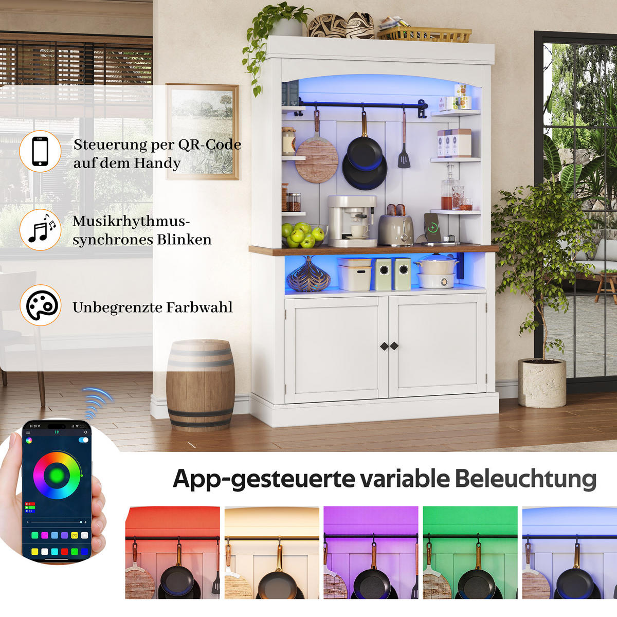 BUFFETSCHRANK Weiß 183cm mit LED-Beleuchtung, Steckdose & Kaffeebar - Weiß, Holzwerkstoff (106/183/43cm) - Urban Meuble