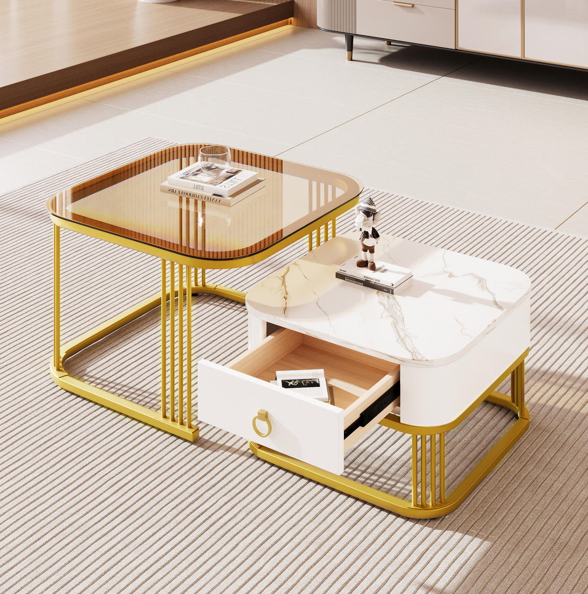 COUCHTISCH-SET, MDF Hochglanz-Marmoroptik, Goldakzente, mit Schublade, 60/60/42,5 + 50/50/34 cm, Weiß und Gold und Teebraun - Braun, Holzwerkstoff (60/60/42.5cm) - Redom