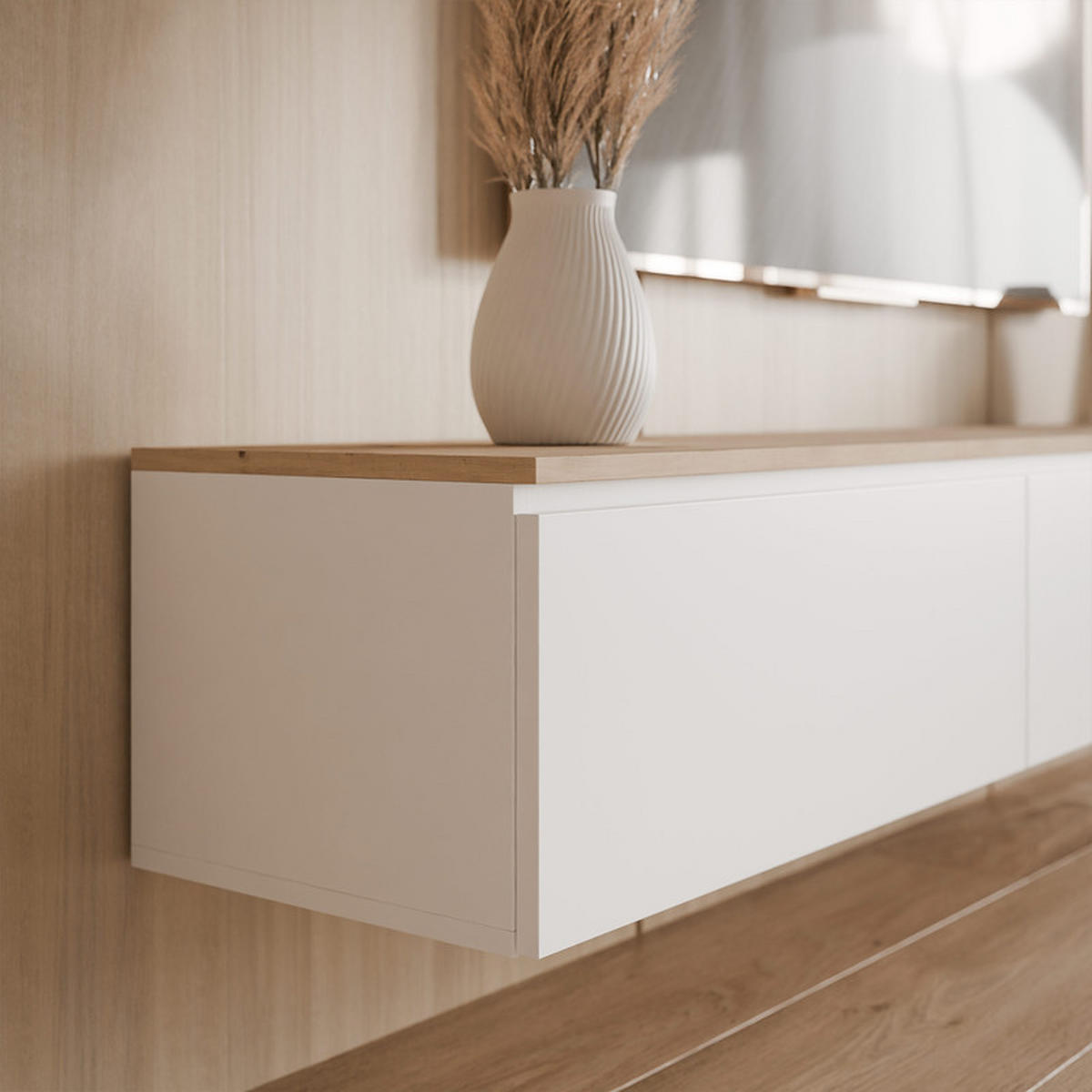 TV-LOWBOARD SELIA hängend 200 cm Weiß / Handgefertigte Eiche - Weiß, Holzwerkstoff (200/28.5/35cm) - Idohome