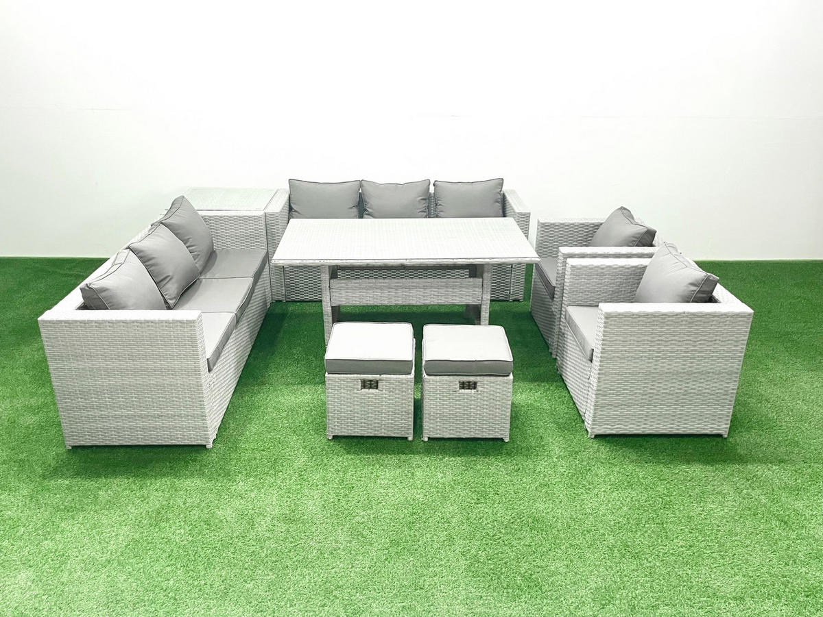 GARTENMÖBEL SET mit 3-Sitzer-Sofa und 2 Stühle, Esstisch,2 Hockern,Beistelltisch Polyrattan Hellgrau 10-Sitzer - Hellgrau/Grau, Glas/Kunststoff - Fimous