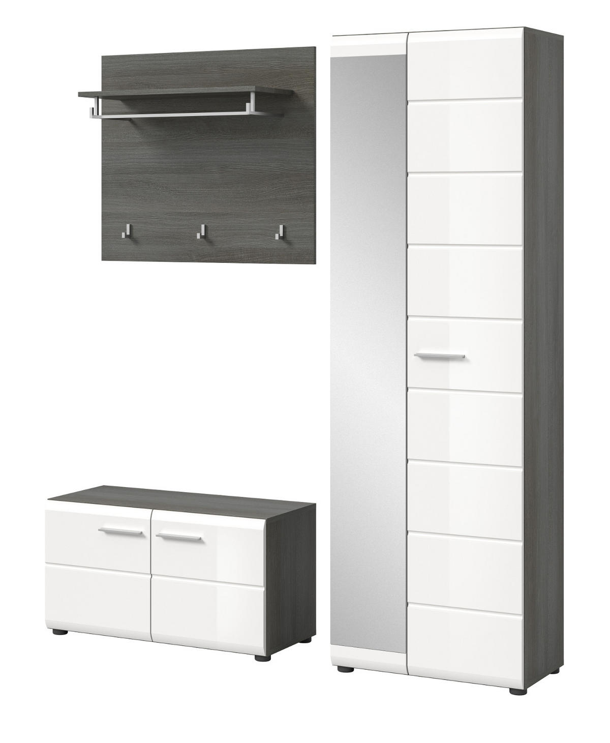 GARDEROBE Set 3-teilig weiß Hochglanz, grau 155 cm, Komplettset mit viel Stauraum - Weiß Hochglanz/Silberfarben, Glas/Holzwerkstoff (155/192/37cm) - Inn.Furn