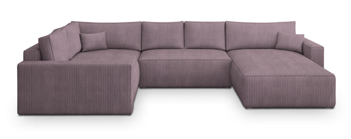 WOHNLANDSCHAFT VELAMI L-S Lila Kordstoff mit Schlaffunktion - Lila, Holz (365/83/194cm) - MASSENO