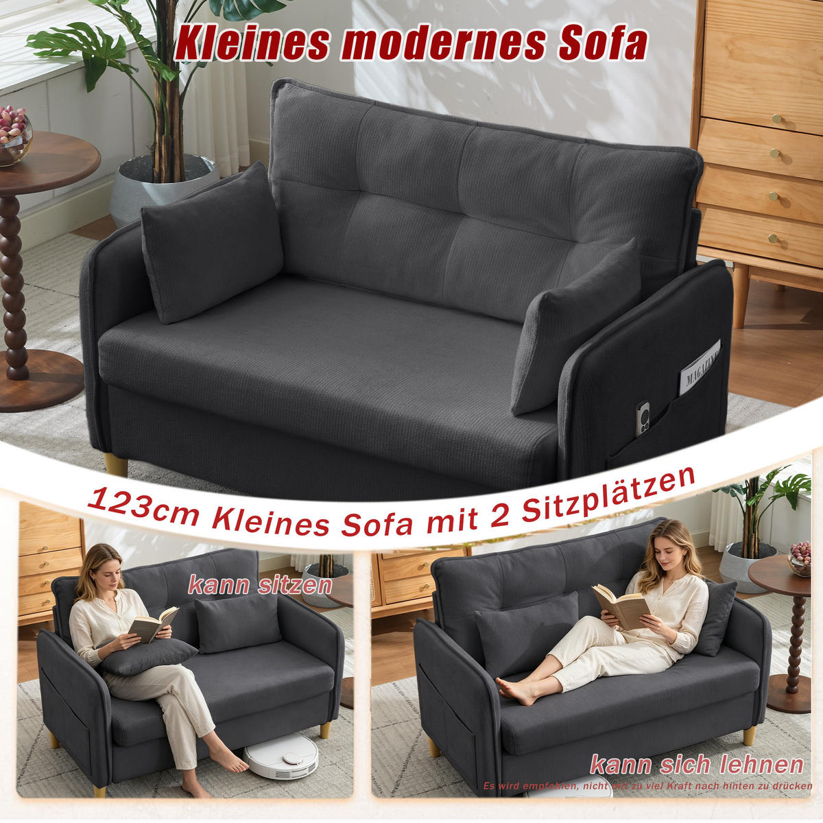SCHLAFSOFA 127/75.5/83 cm Dunkelgrau mit Armlehnen und Seitentaschen - Dunkelgrau, Textil (75.5/83/127cm) - Oxeza