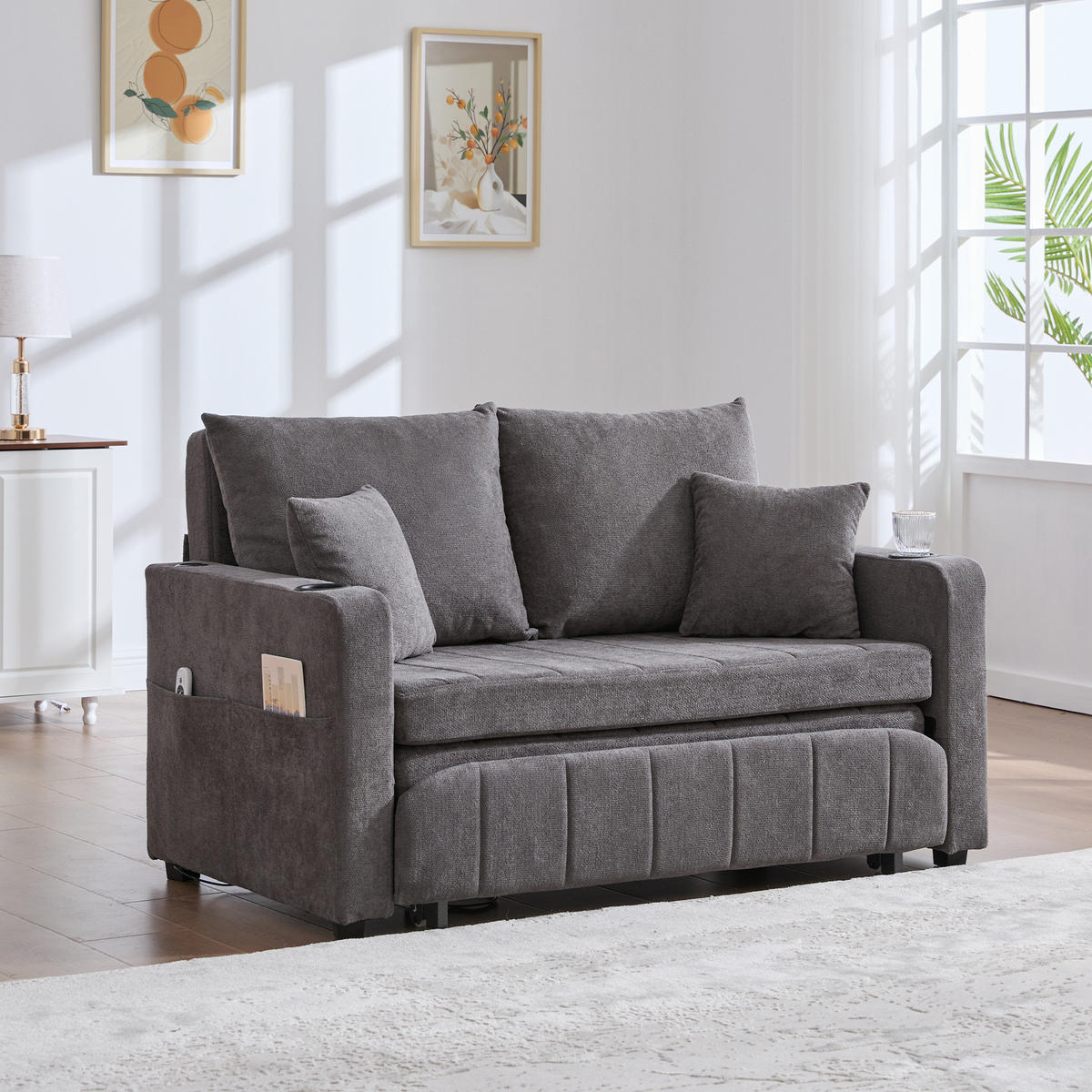 SCHLAFSOFA 136/200 cm aus Chenille mit Ausziehfunktion, Armlehnentaschen und 4 Kissen, Grau - Grau, Textil (139/83/73cm) - Redom