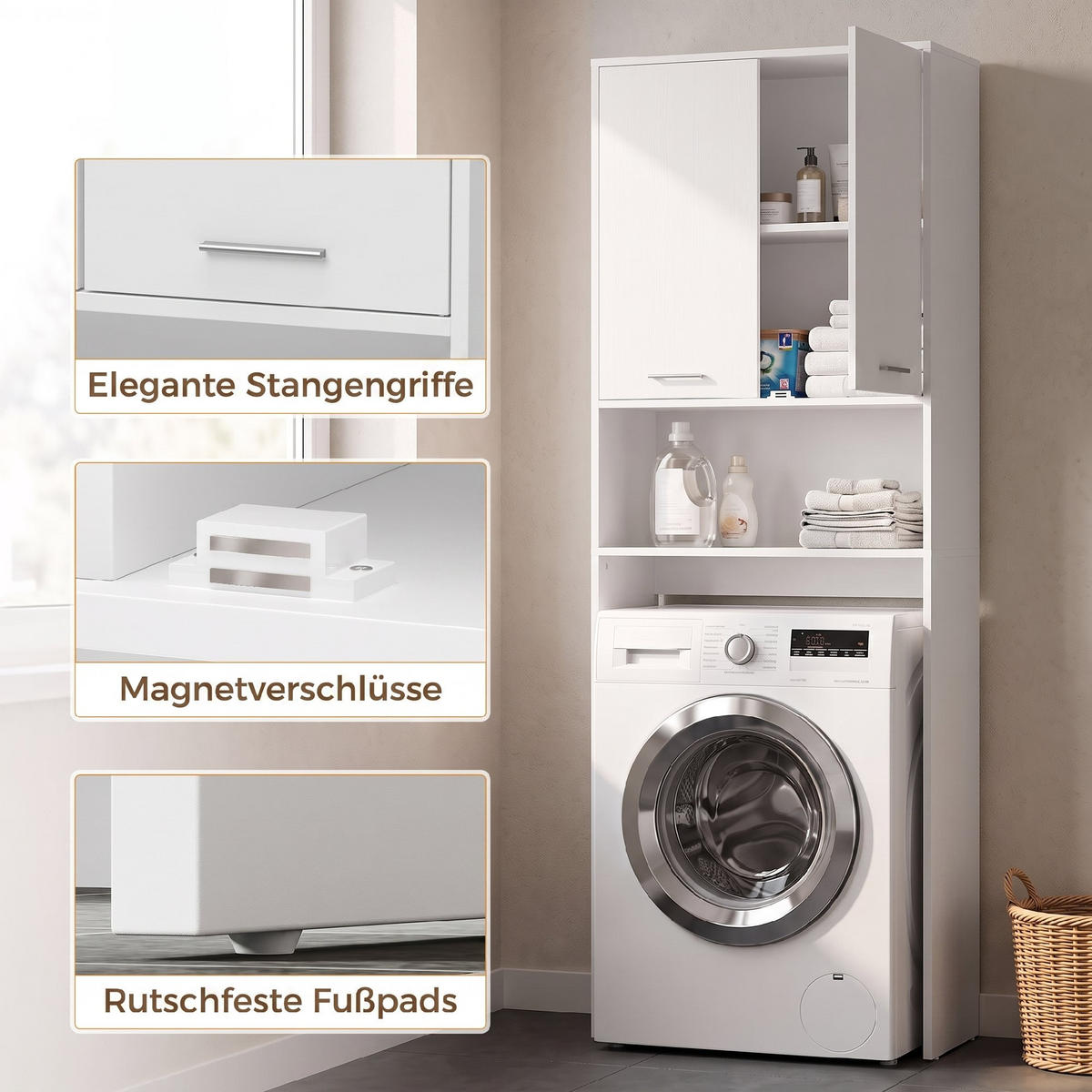 SKÅP för tvättmaskin, spånskiva, vit - Vit/Silverfärgad, Träbaserade material/Plast (24/191/66cm) - HOMCOM