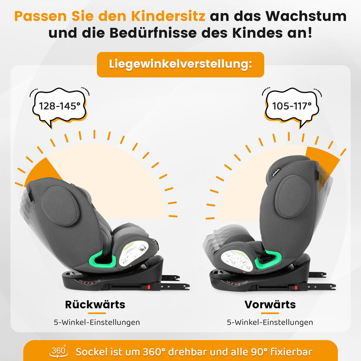 AUTOKINDERSITZ 360° Drehbarer i-Size Kindersitz mit ISOFIX, 40-150 cm - Grau, Textil (51/80/57cm) - BEXEVUE