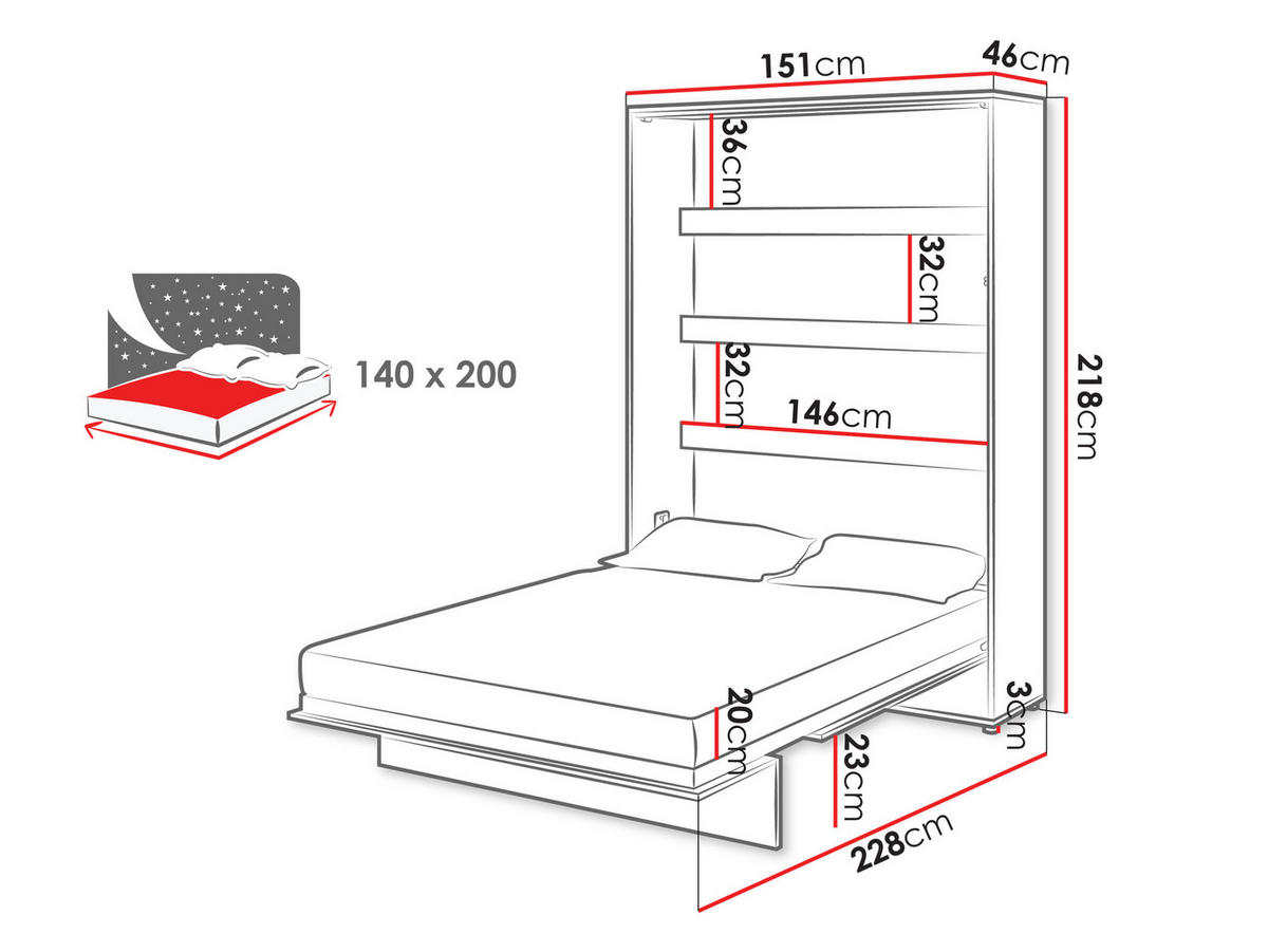 SCHRANKBETT Bed-Concept BC-01 140x200 mit zwei LED-Lampe - Weiß/Grau, Holz/Holzwerkstoff (140/200cm) - MIRJAN24