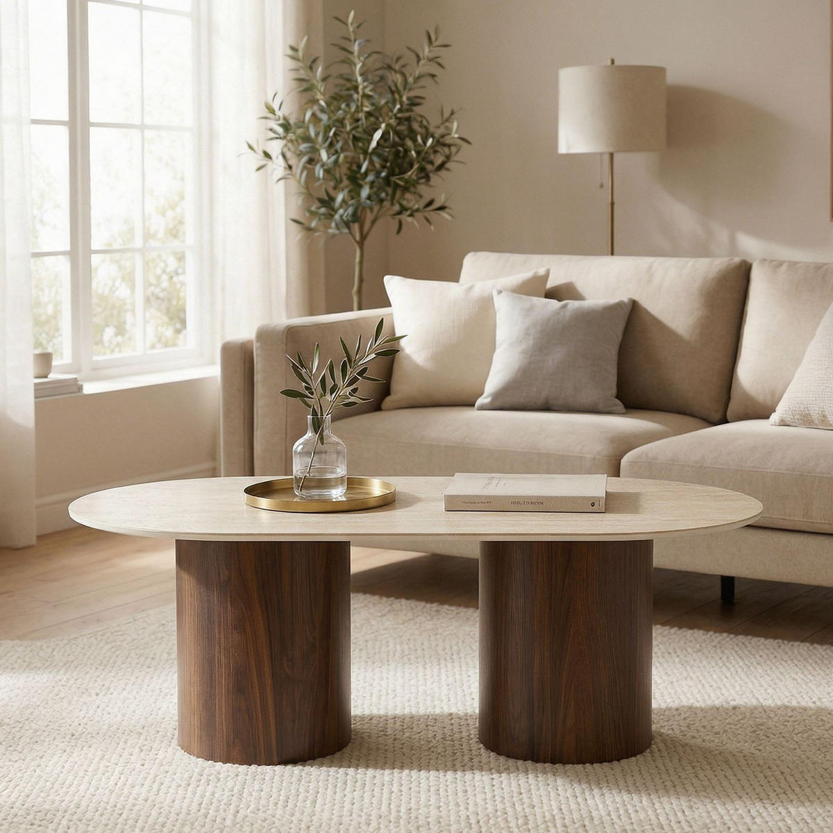 COUCHTISCH REALM Travertin - Beige/Nussbaumfarben, Holzwerkstoff (60/120/45cm) - IDIMEX