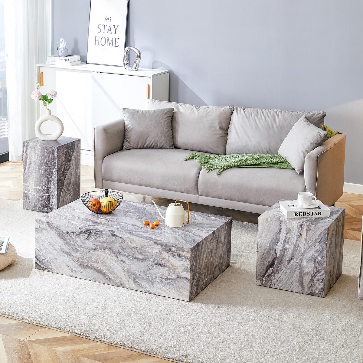 COUCHTISCH 90/50/30 cm grau aus Holzwerkstoff mit Marmorimitat-Oberfläche ohne Montage - Grau, Holzwerkstoff (90/50/30cm) - OKWISH