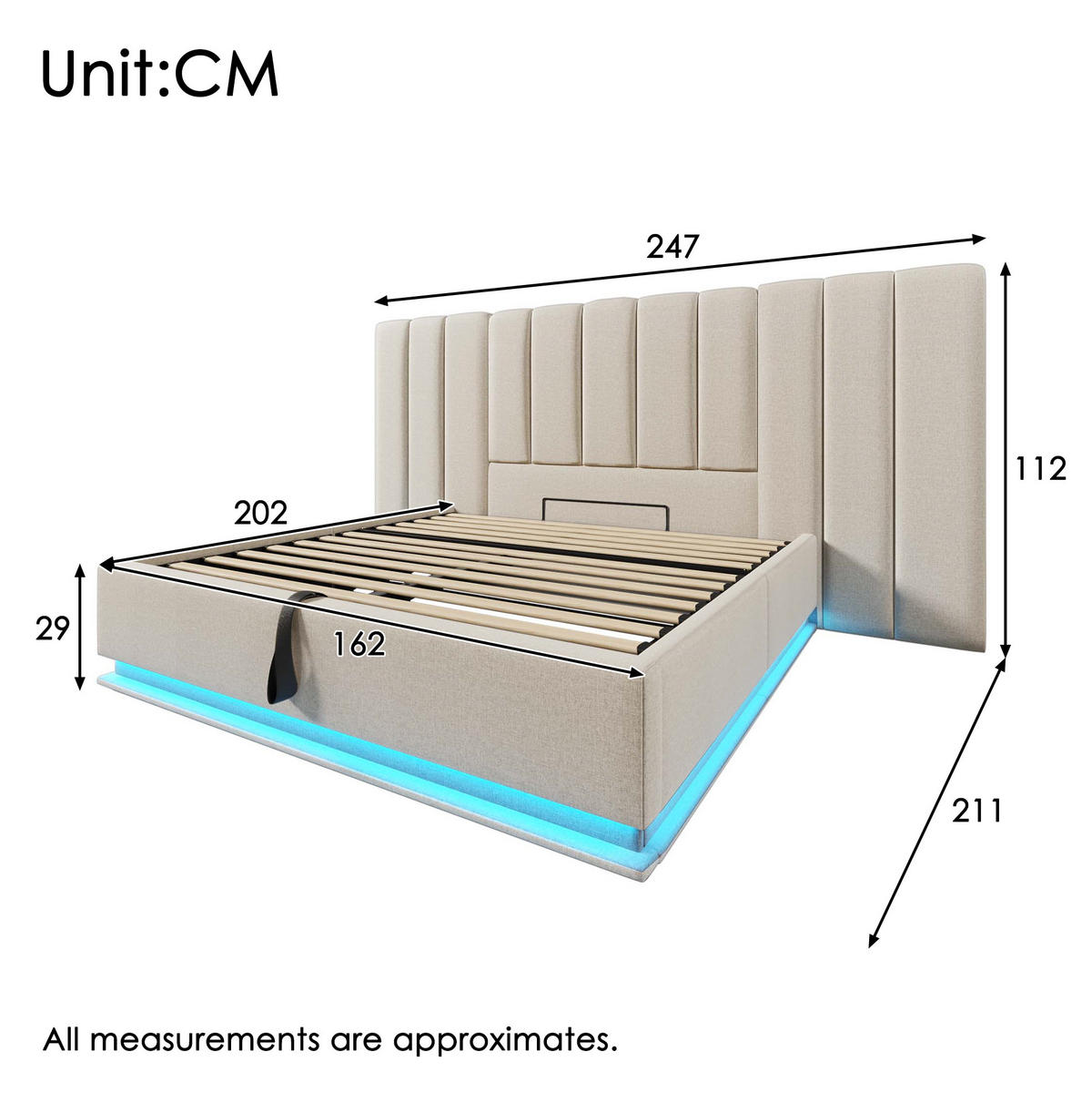 POLSTERBETT 160/200 cm mit Bettkasten, LED-Beleuchtung und USB-C in Beige - Beige, Textil (160/200cm) - BEAOK