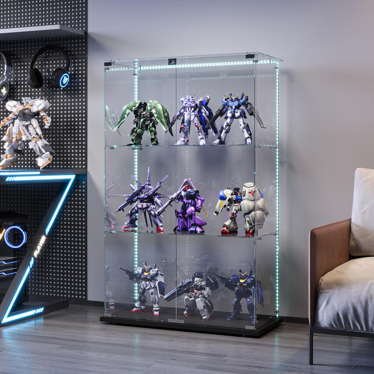 VITRINE Schwarz Mit LED, 2 Türen, 3 Böden, Glas-Schrank Für Wohnzimmer - Schwarz, Holz (35/123.3/78.5cm)
