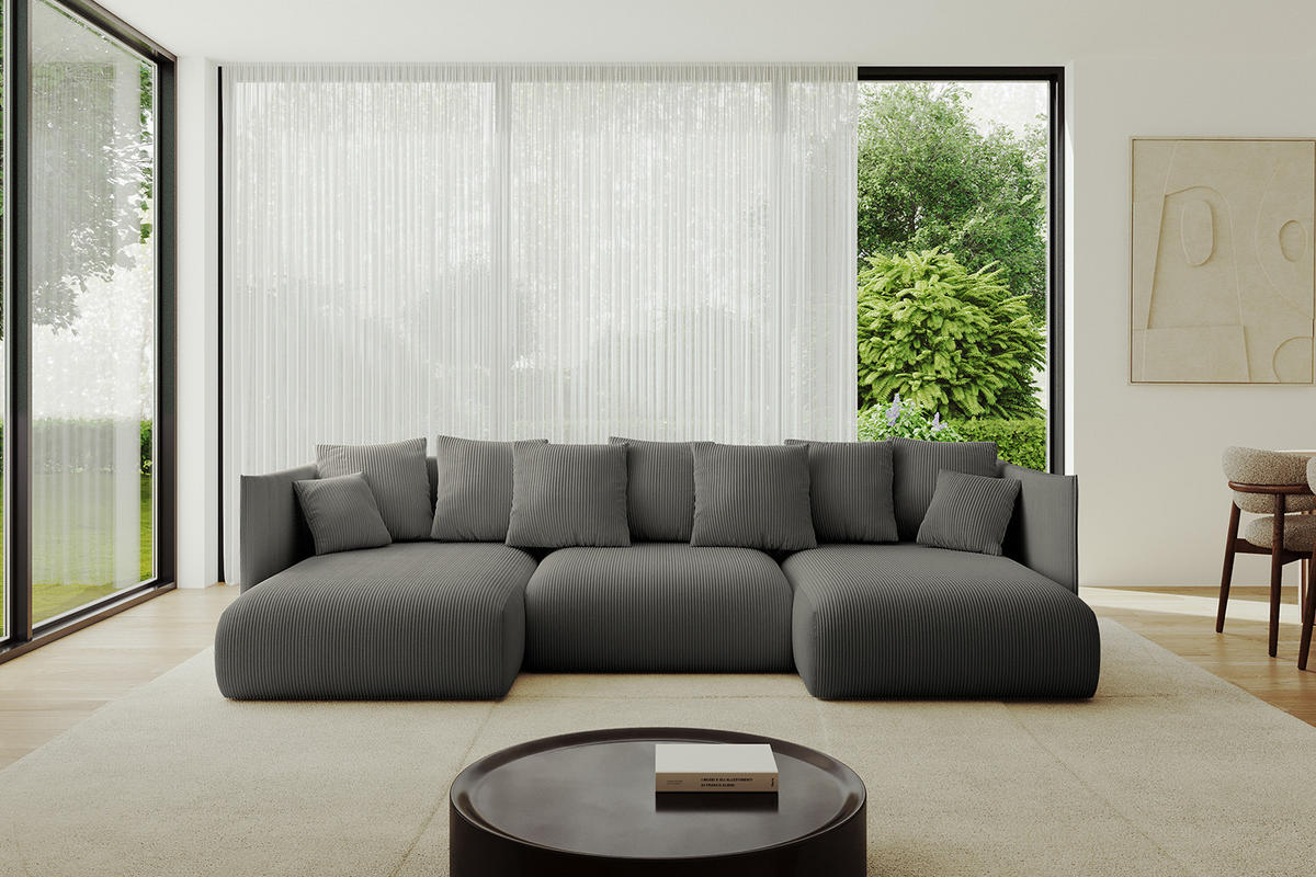 WOHNLANDSCHAFT mit Schlaffunktion und Bettkasten ONESK-U 304x165x40 Dunkelgrau Cord - Dunkelgrau, Holzwerkstoff/Kunststoff (304/90/165cm) - ALTDECOR