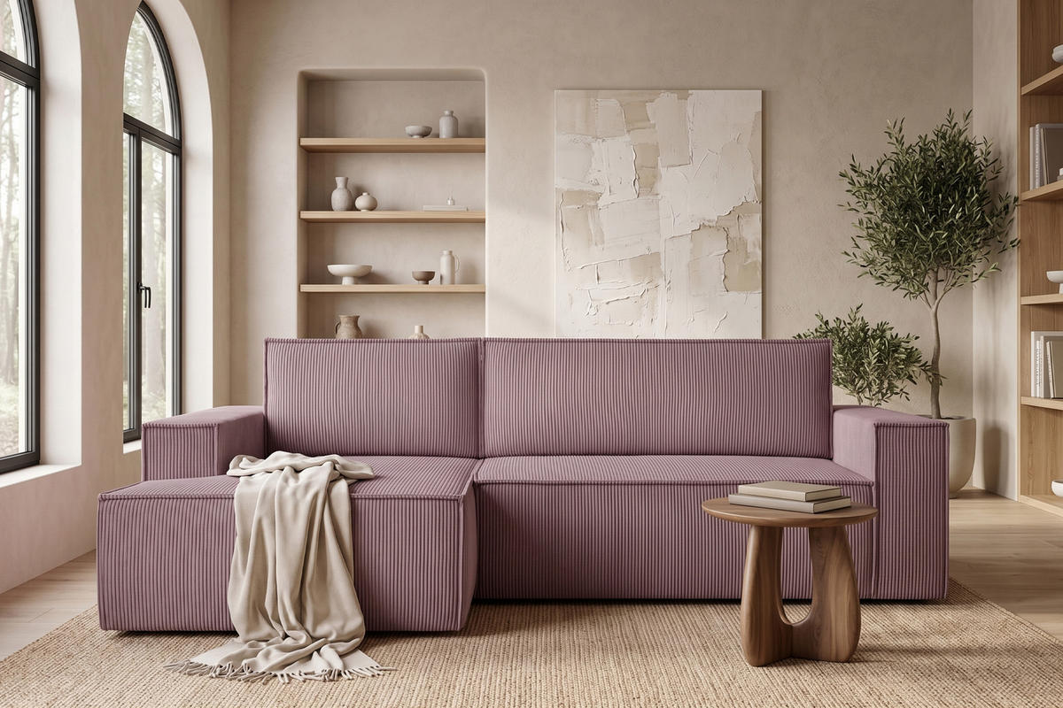 ECKSCHLAFSOFA-LINKS NAPI in Pet Friendly Cord-Stoff, hellviolett - Violett/Schwarz, Textil (262/148cm) - KONSIMO®