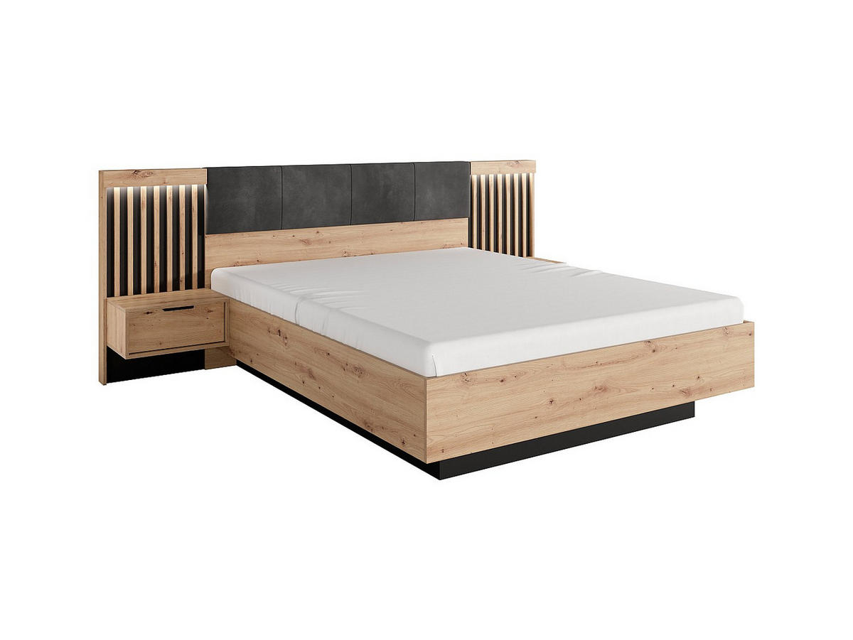 BETT mit Bettkasten - 2 Personen - Holz, Platte - Schwarz, Naturfarben Hell - - Schwarz/Naturfarben, Holz (160/200cm) - Vente-Unique