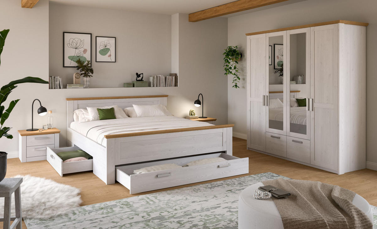 BETTANLAGE mit Kleiderschrank VERONA Bett (180 x 200cm) in Sibiu Lärche Nachbildung - Lärchefarben, Holzwerkstoff - Homes & Jones