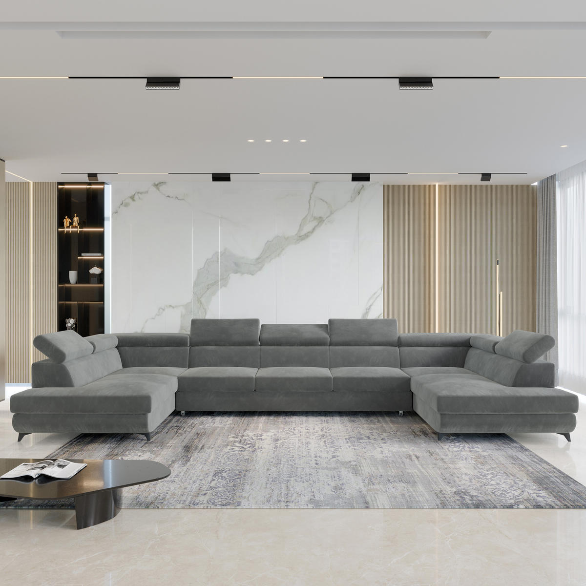 ROHOVÁ SEDAČKA URMANO šedá - šedá/černá, kov/dřevo (395/190cm) - MASSENO