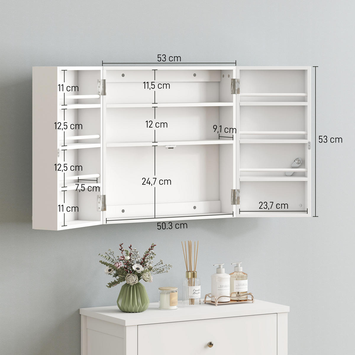 MEDIZINSCHRANK abschließbar Medikamentenschrank mit 11 Fächer 2 Schlüssel Weiß - Silberfarben/Weiß, Holzwerkstoff/Metall (20/53/53cm) - HOMCOM