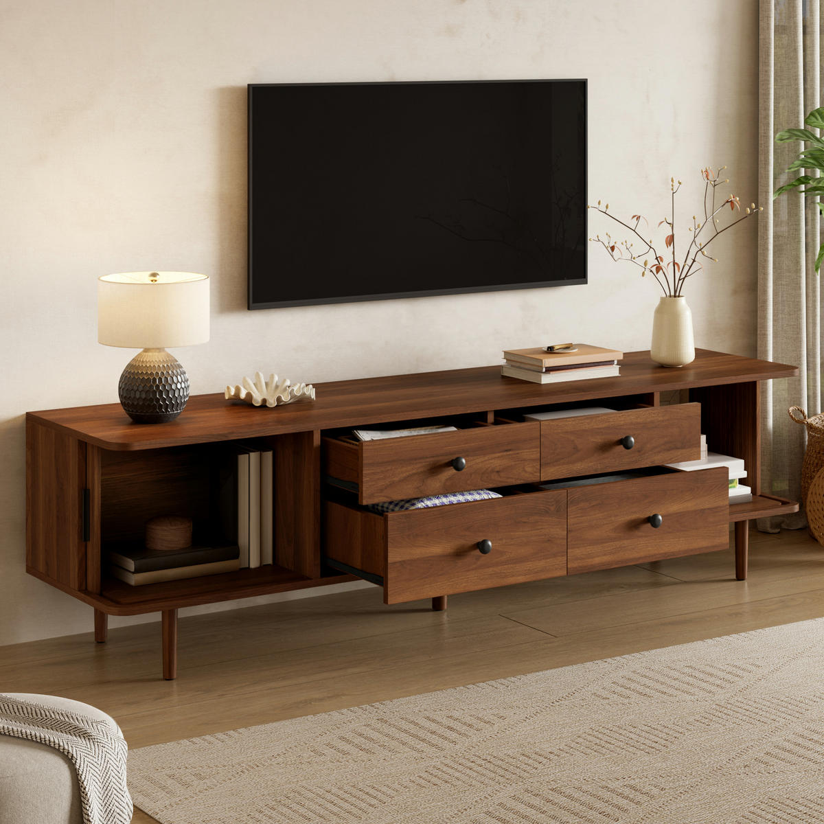 TV-LOWBOARD 165cm mit 4 Schubladen und 2 Schiebetüren - Walnussfarben, Holzwerkstoff (165/46/40cm) - FLIEKS