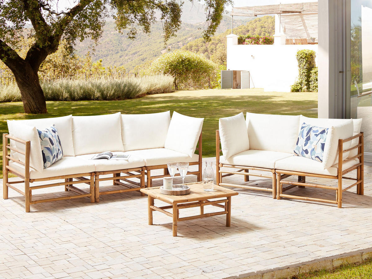 LOUNGE SET 5-Sitzer Bambusholz hellbraun 3-teilig Auflagen cremeweiß Cerreto - Creme, Holz - Beliani