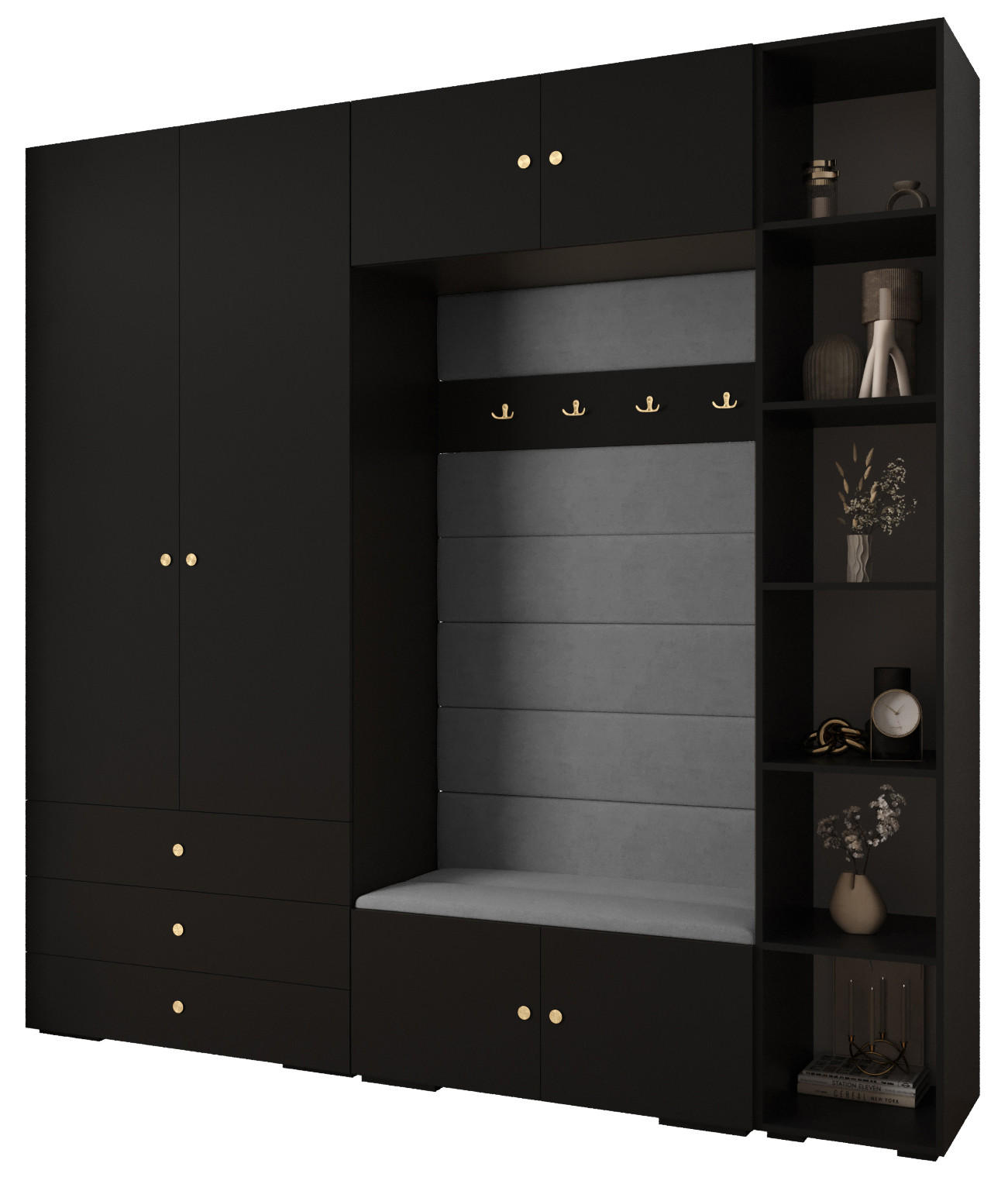 Abiks Möbel Garderoben-Set Schwarz, Grau, Gold 240x236.7x47 cm