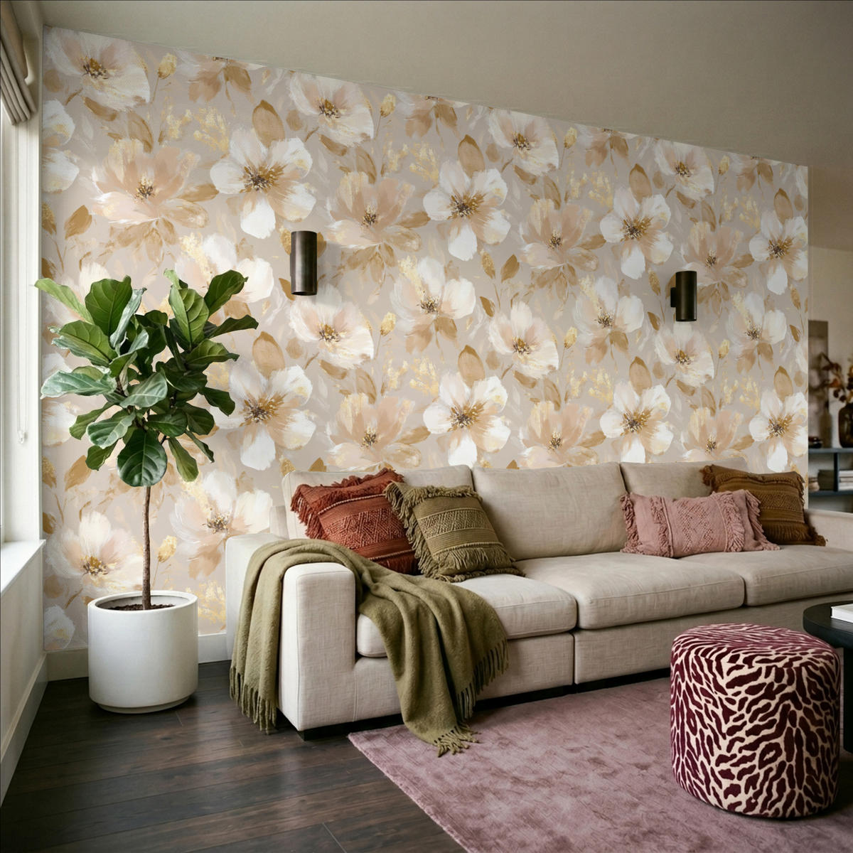 TAPETE - Blumen - künstlerisch - Gold - 450x280 cm - Beige, Papier (450/280cm) - OnlyWow