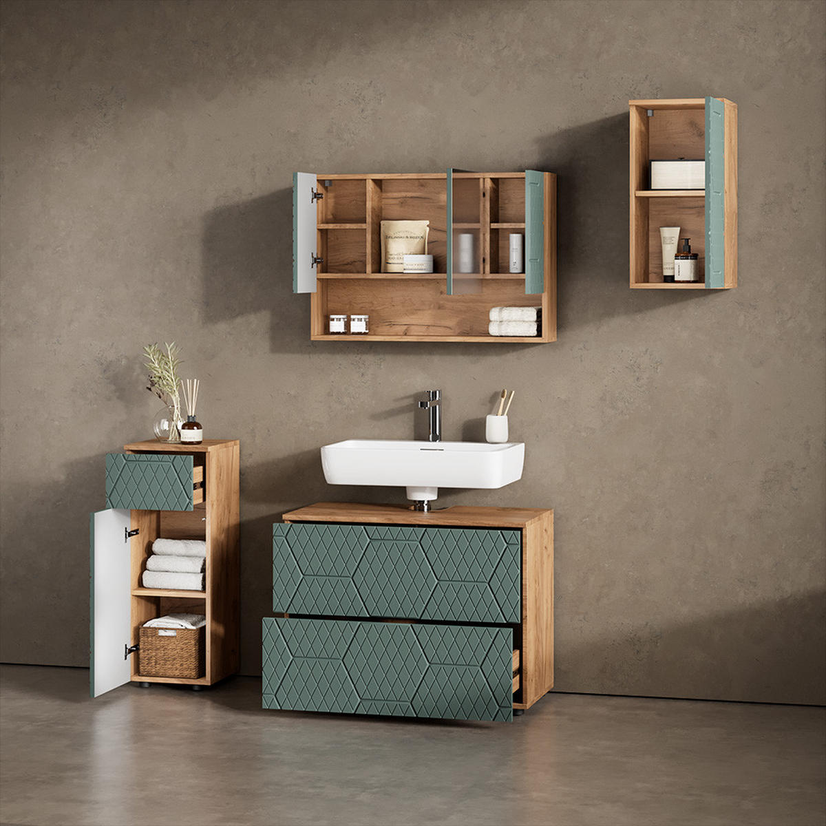 BADMÖBEL-SET Ronco Grün/Goldkraft Eiche 4 Teile - Eiche Wotan/Grün, Holzwerkstoff (80/58/41cm) - Livinity®