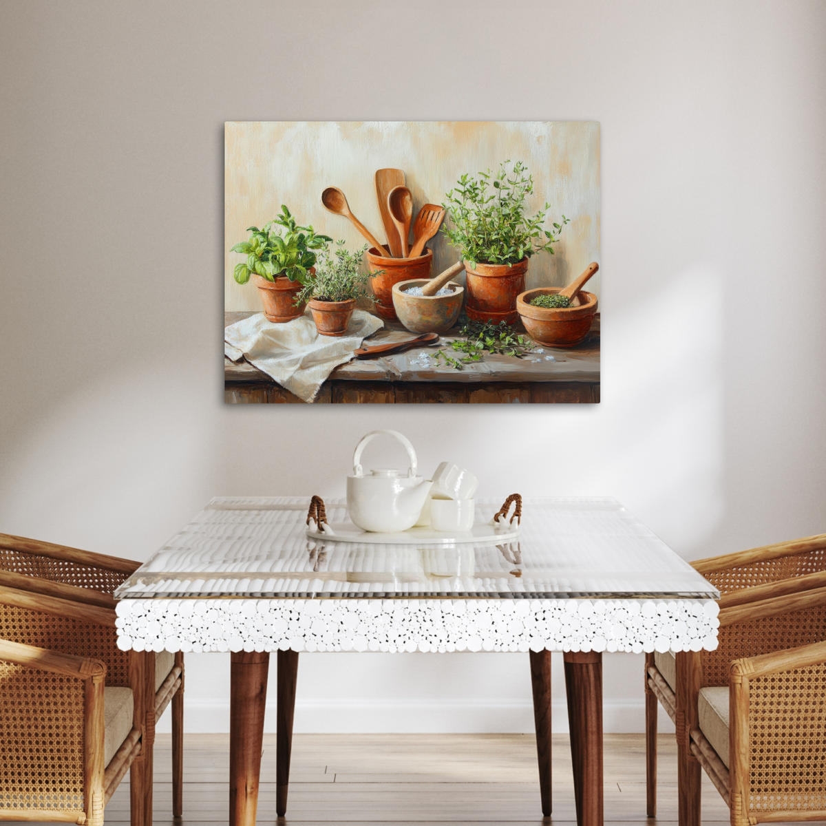 LEINWANDBILD Töpfe - Kräuter - Holz Wandbilder 80x60 cm - Terracotta, Textil (80/60cm) - MuchoWow