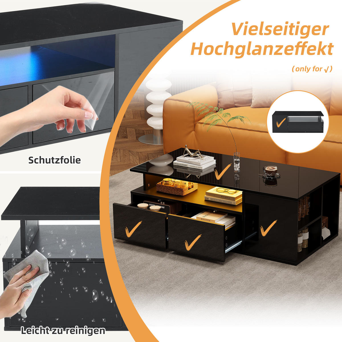 COUCHTISCH DE-141 mit LED Schwarz - Schwarz, Holzwerkstoff (50/100/35cm) - ComfortXL