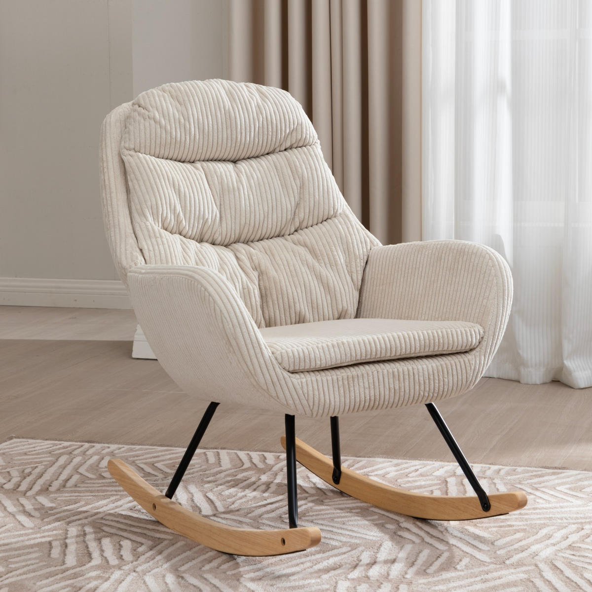 SCHAUKELSTUHL 74/94/96 cm aus Cordstoff mit Federkern und Gleitschutz, Beige - Beige, Textil (94/96/74cm) - Redom