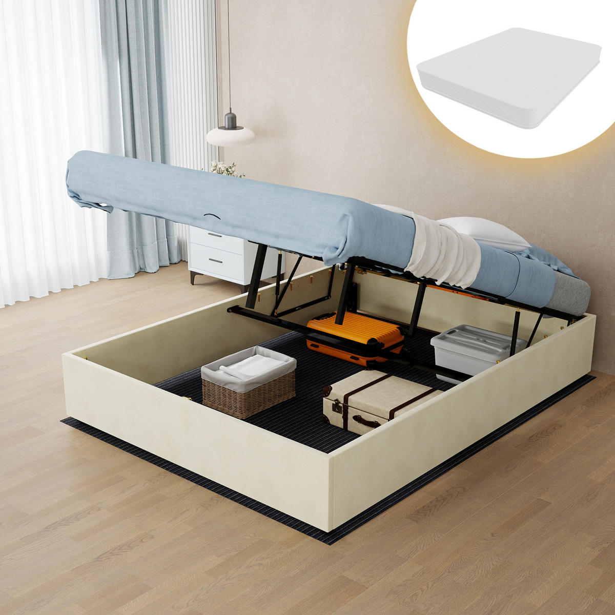 BETT 140/200 cm DE-33004 mit Gaslift und Matratze Beige - Beige, Metall (140/200cm) - ComfortXL