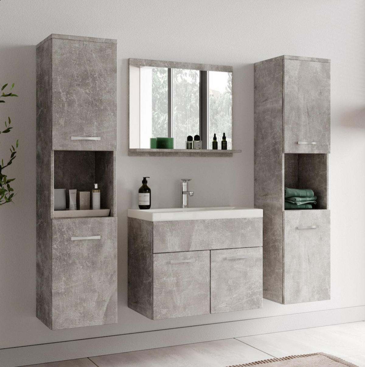 BADMÖBEL-SET Montreal 5 Teile Beton Grau - 60 x 35 x 51 cm - Grau, Holz (60/51/35cm) - Badplaats