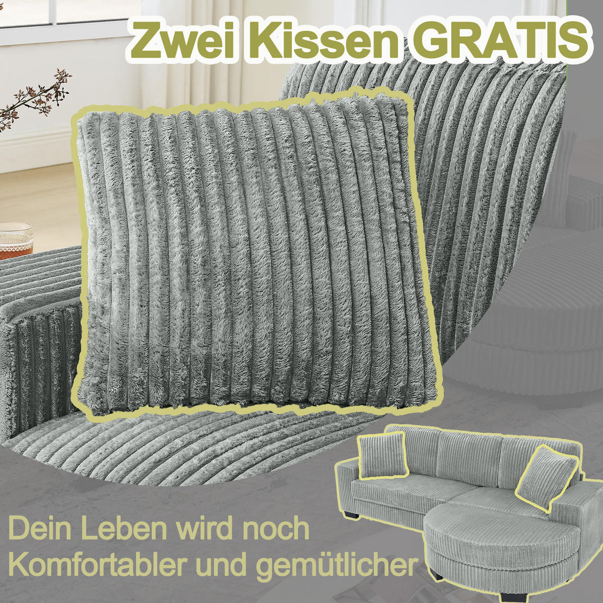 ECKSOFA 256.5/133.5/89 cm Grau Cord mit 2 Kissen und ovaler Fußhocker - Grau, Textil (133.5/89/256.5cm) - Oxeza