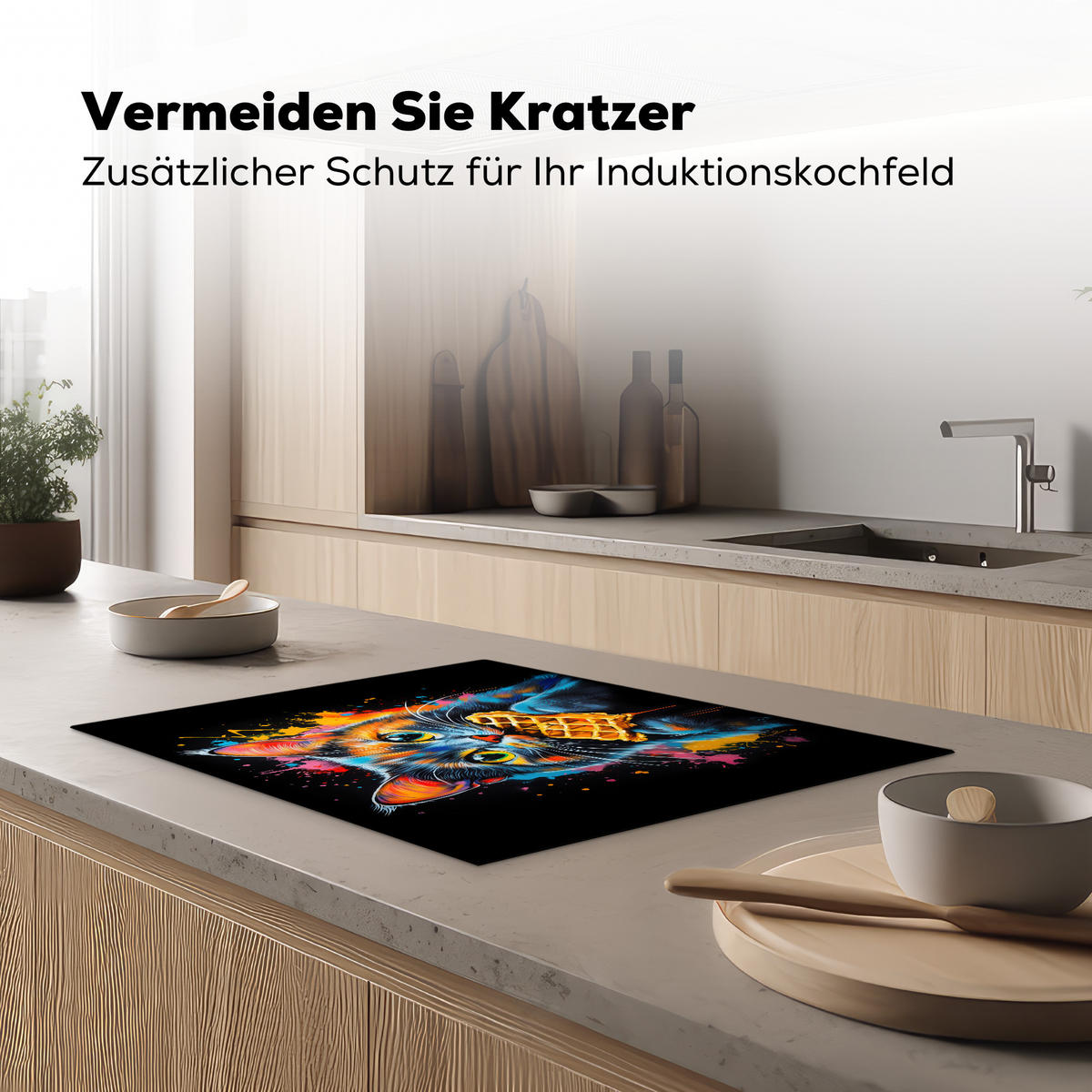 HERDABDECKPLATTE Katze - Graffiti - Bunt - Waffel - Essen Induktionsmatte 71x52 cm - Multicolor, Kunststoff (71/52/0.2cm) - MuchoWow
