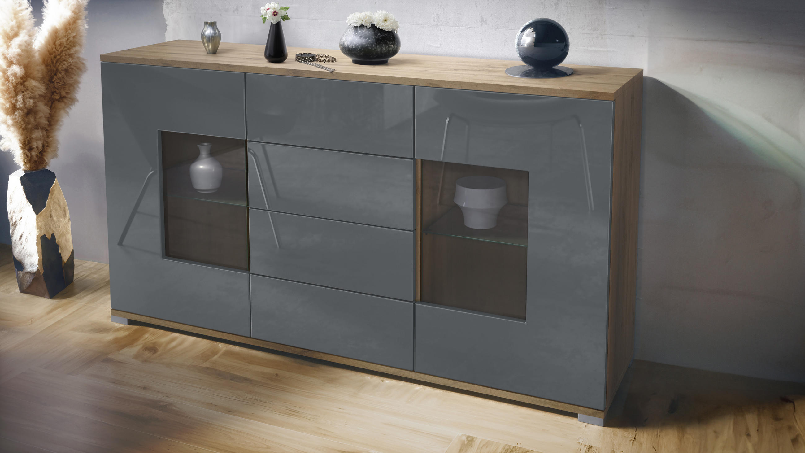 SIDEBOARD Grömitz Grau Hochglanz - Grau, Holzwerkstoff (138.5/75.5/35cm) - Vladon